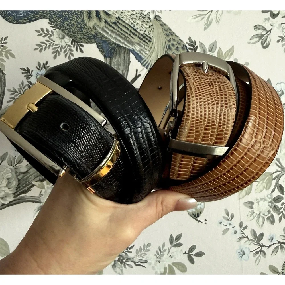 Italian Leather Belts Lot of 2‎ Size 42 Lizard Embossed Black Tan Dress